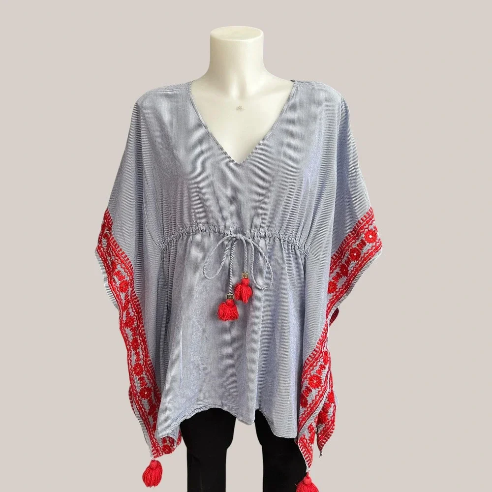 Tory Burch Ravena Beach Tunic / Swim Cover Up Striped Blue Tassel Pull sz Xs/S